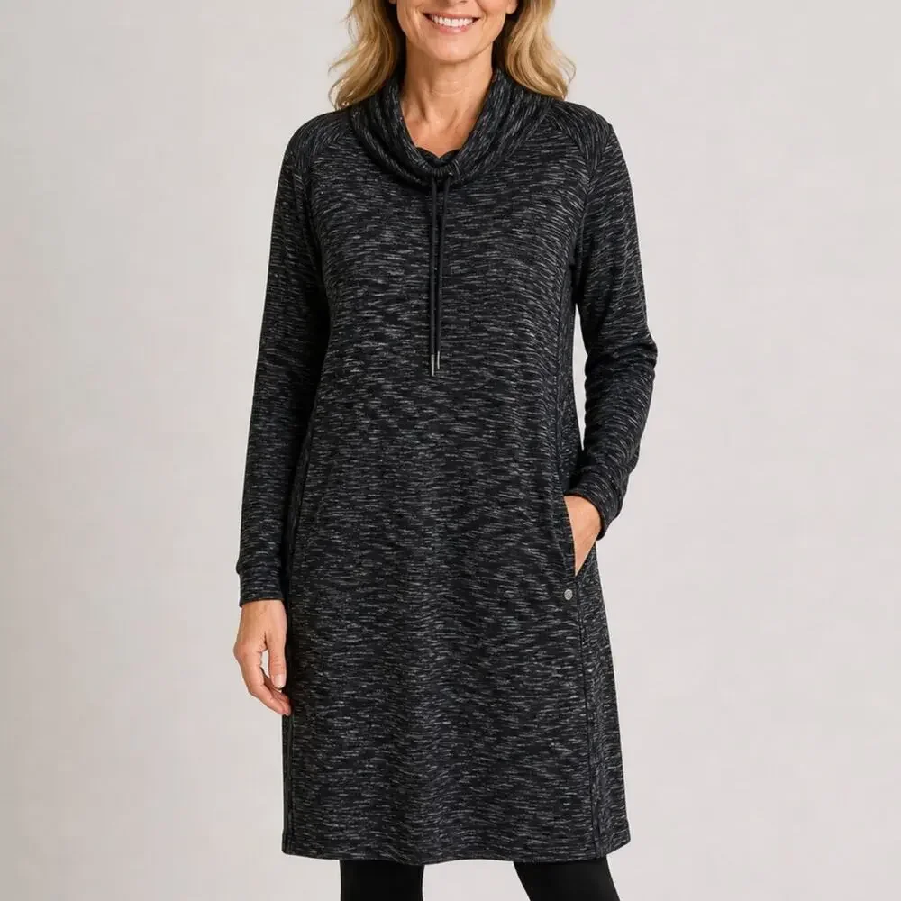 prAna Sunrise Midi Dress size Large Spacedye Gray Cowl neck Long Sleeve Gorpcore